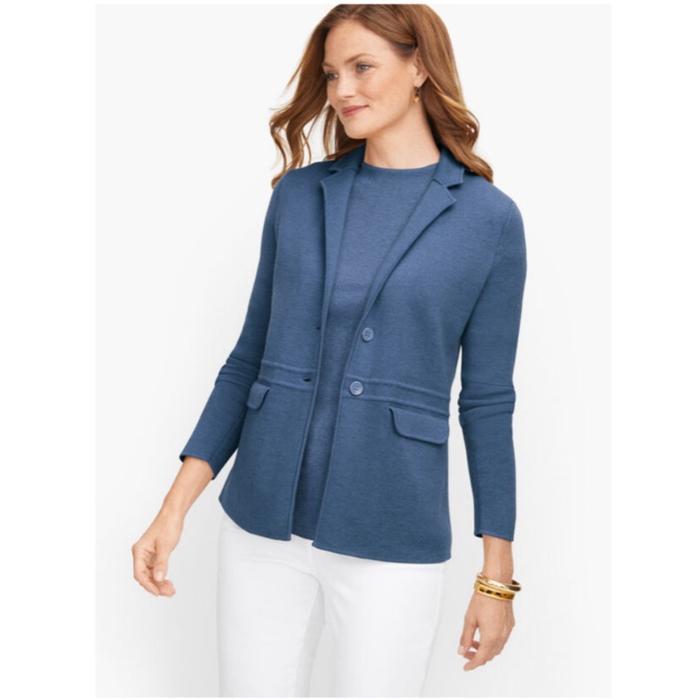 Talbots Wool Cardigan Sweater Blazer Jacket Blue Stretch Size Large Pockets